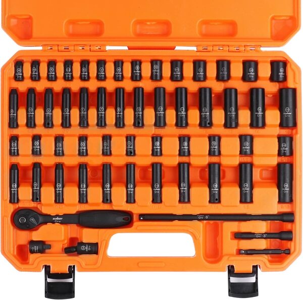 TOOL.HD.56 HORUSDY 1/4" DRIVE IMPACT SOCKET SET, 56-PIECE STANDARD SAE (5/32 TO 9/16 INCH) AND METRIC (4-15MM)
