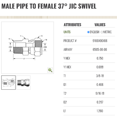 F.9100.06.06 3/8" NPTF MALE X 3/8" JIC (9/16"-18 THREAD) FEMALE SWIVEL