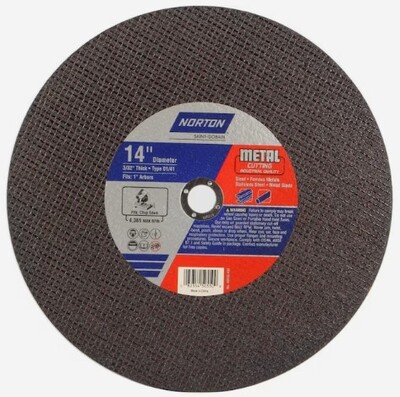 L.839692 NORTON 14" CUT OFF WHEEL, 14" OD, 1" ARBOR DIAMETER, .109 THICK