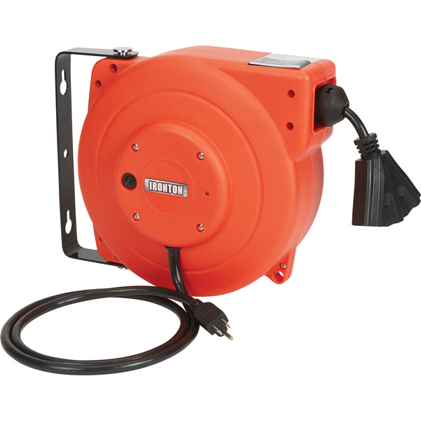 NT.49666 IRONTON RETRACTABLE EXTENSION CORD REEL, 40 FT, 12/3, TRIPLE TAP