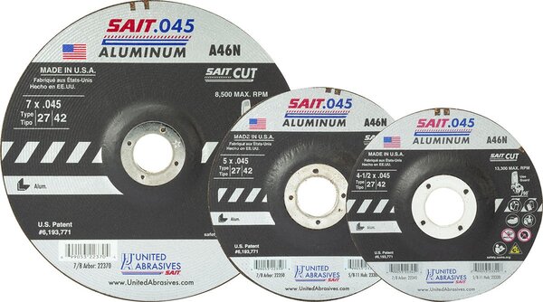 UA.23320 4-1/2" A46N 0.045 THK 5/8" ARBOR MAX RPM 13300 ALUMINUM CUTTING WHEEL TYPE 27