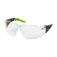 Q-VISION GREEN RIMLESS SAFETY GLASSES WITH BLACK / LIME GREEN TEMPLES, CLEAR LENS AND ANTI-SCRATCH /